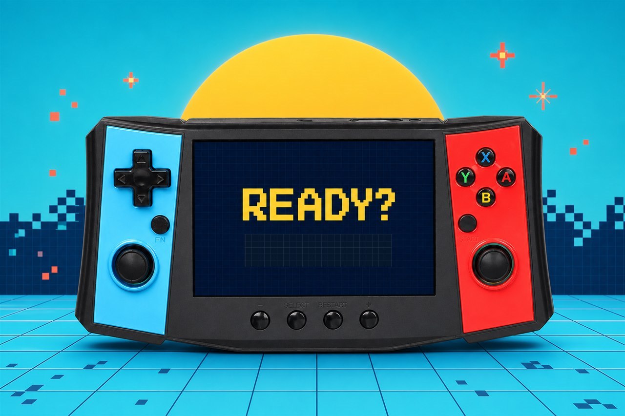 UYXOERA cyan and red handheld retro game console